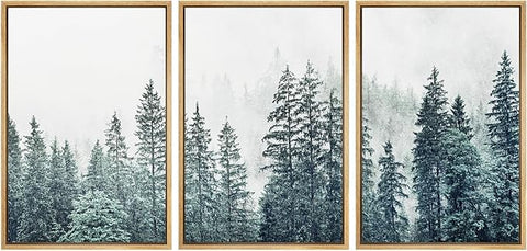SIGNWIN Framed Canvas Print Wall Art Woodland Nursery Decor Set Film Grain Misty Mountain Pine Trees Nature Wilderness Modern Art Chic Landscape for Living Room, Bedroom, Office - 16"x24"x3 Natural