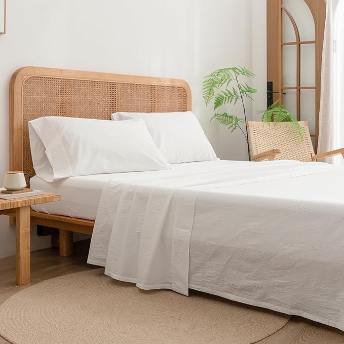 BESTOUCH Sheet Set 100% Washed Cotton Linen Feel Super Soft Comfortable Chic Lightweight 4 Pcs Home Bedding Set Solid Off White Full