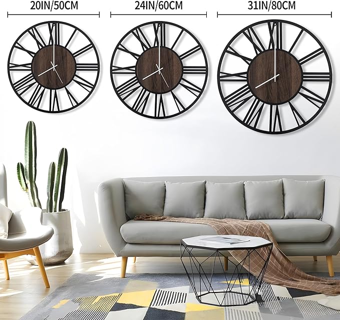 LEIKE Large LED Wall Clocks,Silent,Non Ticking,Battery Operated Rustic Round Modern Big Wood Wall Clock for Living Room, Bedroom,Kitchen,Farmhouse,Office,Home Decor -24" Black,LED,Roman Number