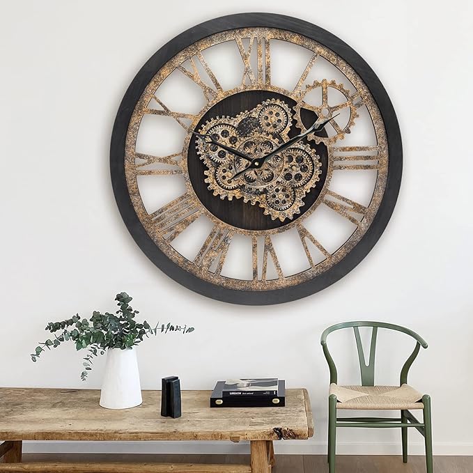 HOIBAI Wall Clock for Living Room Decor, Large, 24 in (60cm), Moving Gear, Farmhouse Vintage Industrial Oversized Wall Clock