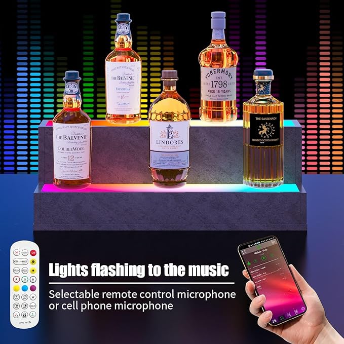 LED Lighted Bar Shelves, 20 Inch Bar Display Shelf, Liquor Bottle Display Shelf with App & Remote Control, 2 Step Freestanding Holding Bottles for Home Bar, Party, Grey