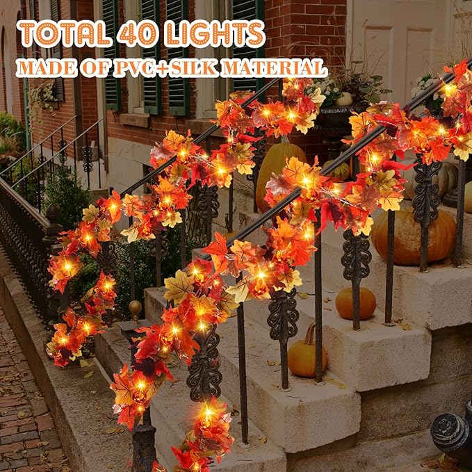 VIHOSE 2 Pack Thanksgiving Maple Leaves Garland Fall Decor 11.5 ft 40 LED with Pumpkin Lights Battery Operated and Timer Remote for Home Thanksgiving Halloween Decor(Colorful)