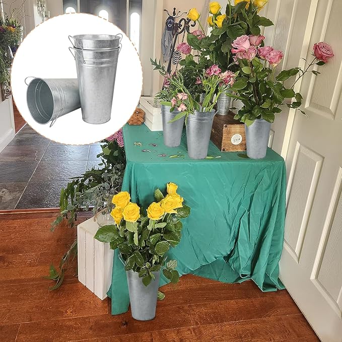 4 Packs 11.8 Inch Tall Galvanized Metal Vases With Handles - Rustic Tall Buckets for Cut Flowers, Country Wedding, Table Centerpiece Decorations - Vintage Style Containers
