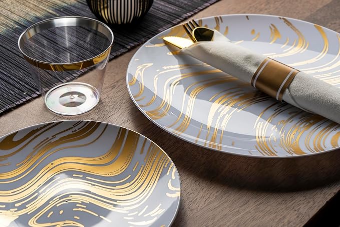 MONEST 350Pcs Gold Plastic Silverware Set for 50 Guests, Disposable Dinnerware Set includes: 50 Pre Rolled Napkins with Utensils, 50 Dinner Plates, 50 Dessert Plates, 50 Cups (Gold Wave)