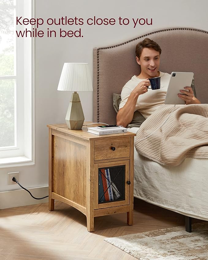VASAGLE Side Table with Storage, End Table with USB Ports and Outlets, Nightstand with Charging Station, Drawer, Storage Cabinet, Magazine Rack, for Living Room, Bedroom, Rustic Walnut ULET312T41