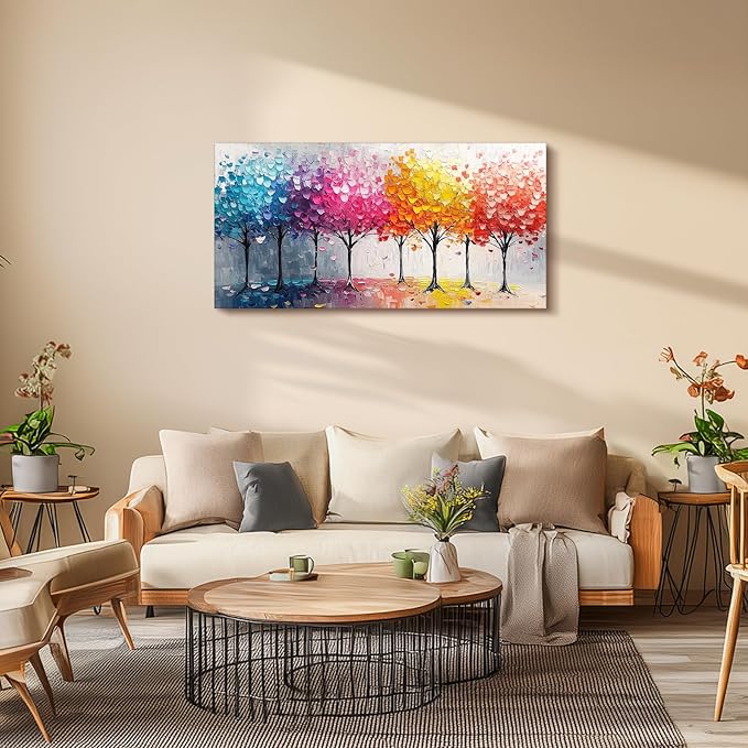 crmotu Colorful Trees Wall Art, Abstract Forest Large Wall Decor, Nature Landscape Canvas Paintings, Modern Trendy Pictures for Living Room Bedroom Bathroom Office, Home Decoration Prints 24x48 Inch