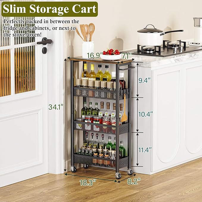 Utility Slim Storage Cart, 4 Tier Small Rolling Kitchen Laundry Room Cart with Wood Top, Metal Narrow Bathroom Storage Cabinet Mobile Shelf Unit Organizer Trolley with Handle for Narrow Space