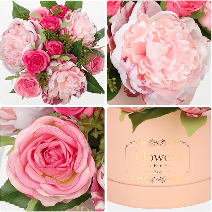 Hollyone Pink Peonies Roses Artificial Flowers in Vase Round Gift Boxes with Fake Flowers Arrangements Faux Flowers Floral in Box Vase for Her Mothers' Day Valentine's Day Christmas Birthday Gift