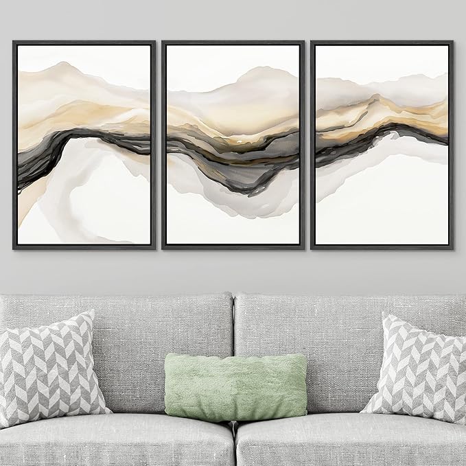 SIGNWIN Framed Canvas Print Wall Art Set Gold Gray Smoke Wave Landscape Abstract Shapes Illustrations Modern Art Decorative Contemporary Colorful for Living Room, Bedroom, Office - 16"x24"x3 Black
