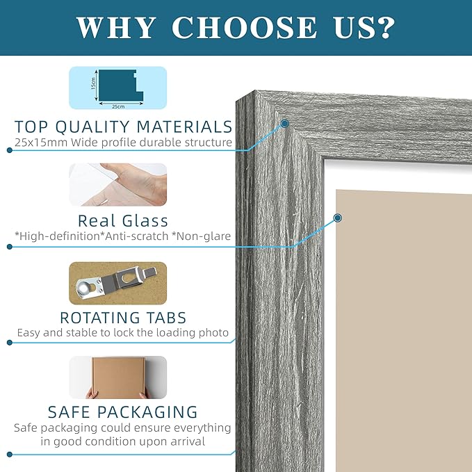 5x7 Picture Frame Set of 2, Made of Real Glass and Rustic Grey Wooden Frame - Display Pictures 4x6 with Mat or 5x7 Without Mat, 5 by 7 Photo Frame for Wall or Tabletop Display