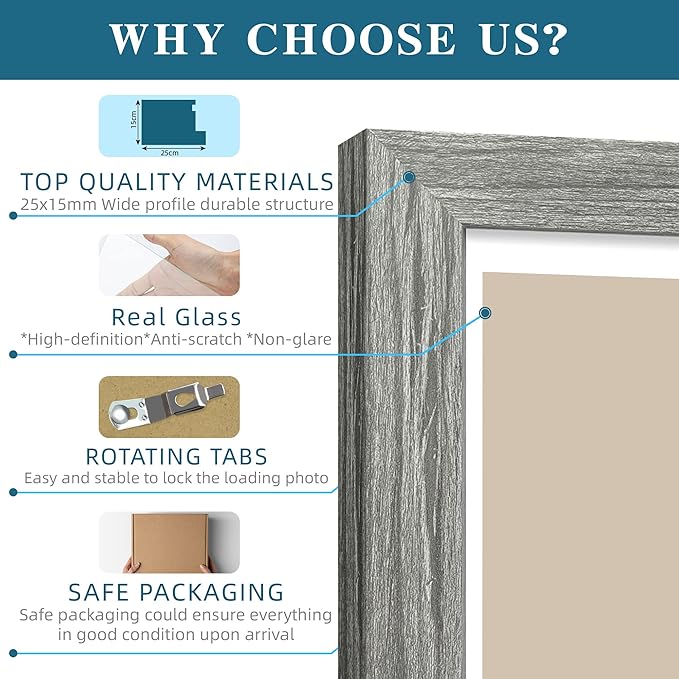 10x14 Picture Frame Set of 2, Made of Glass and Rustic Grey Wooden Frame, Display 8x12 Pictures with Mat or 30 x 40cm Diamond Painting Art without Mat for Wall Mounting, Gallery Photo Frames
