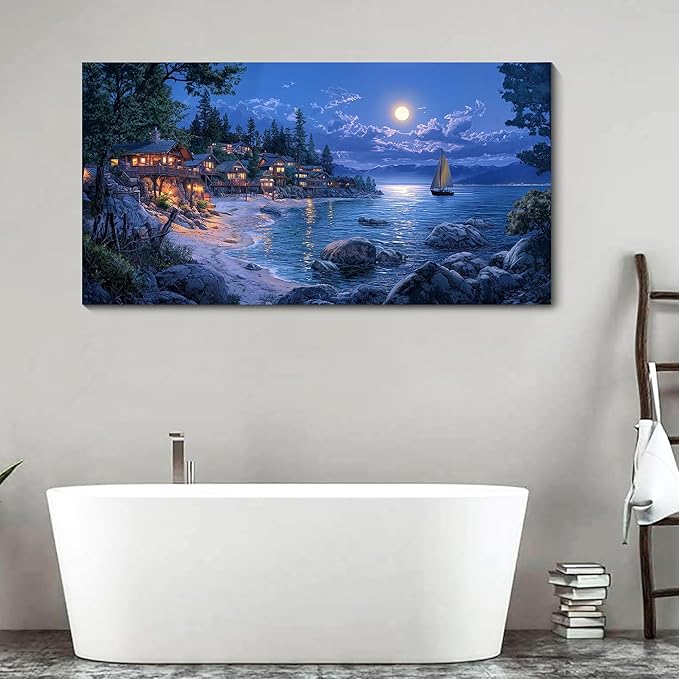 CHATYOUNG Beach Canvas Wall Art - Large 24x48 IN Dark Blue Ocean Town Calm Night View Moon Pictures Canvas Print Coastal Wall Paintings for Bedroom Living Room Kitchen Home Office Decor