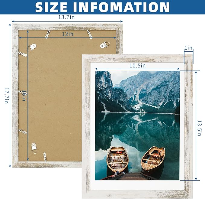 12x16 Picture Frame Set of 2, Distressed White Wood Style - Display 12 x 16 Poster without Mat or 11x14 Picture with Mat, Wall Mounting Horizontal and Vertical