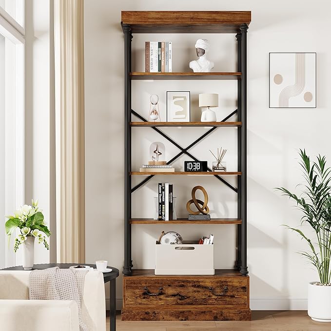 GarveeHome 81.3" Bookshelf with Storage Drawer, Tall Bookcase w/Metal Frame, 5 Tier Vintage Bookshelf Industry Display Storage Shelf for Office Living Room Library Bedroom