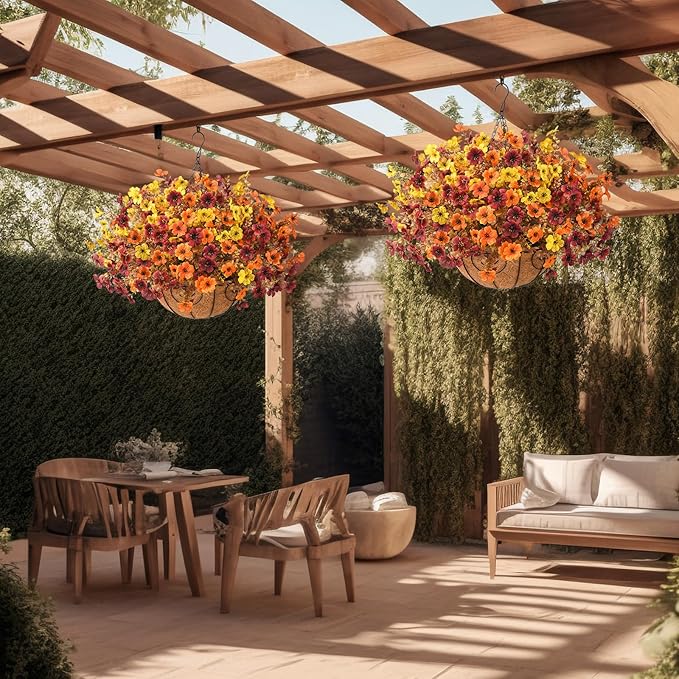Artificial Fake Hanging Baskets Fall Flowers for Outdoors Decoration, Faux Silk Mums Plants UV Resistant Look Real Outside Yard Patio Front Porch Garden Balcony Home Autumn Decor (Orange Yellow Brown)