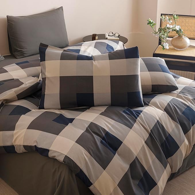 CLOTHKNOW Plaid Queen Comforter Set Gingham Buffalo Bedding Comforter Sets Blue Grey Khaki Brown Beige Geometric Comforter Queen Sets with 2 x Pillow Cases