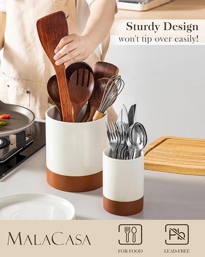 MALACASA Utensil Holder, 7.3"+5.5" Ceramic Kitchen Utensil Holder for Countertop, Large Cooking Utensil Crocks for Kitchen Counter, Farmhouse Utensils Organizer, Set of 2, Khaki White, Series TARA
