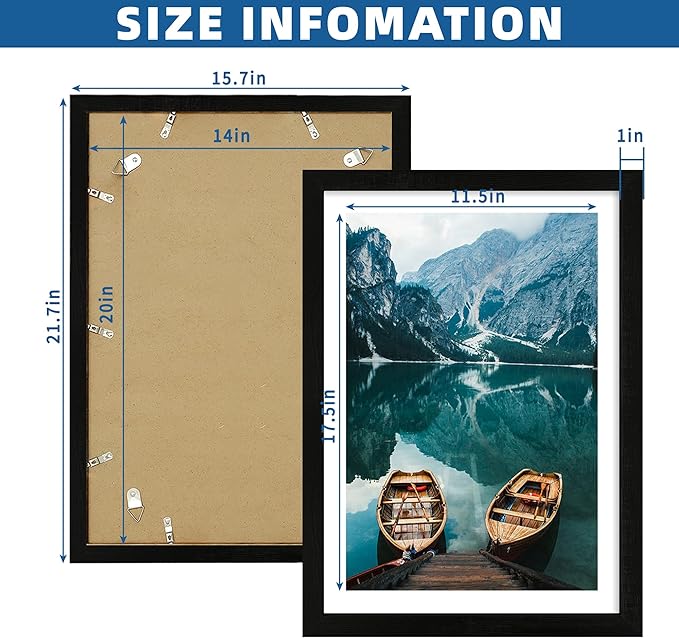 14x20 Picture Frame Set of 2, Rustic Black Wood Style - Display 14 x 20 Picture without Mat or 12x18 Picture with Mat, Wall Mounting Horizontal and Vertical
