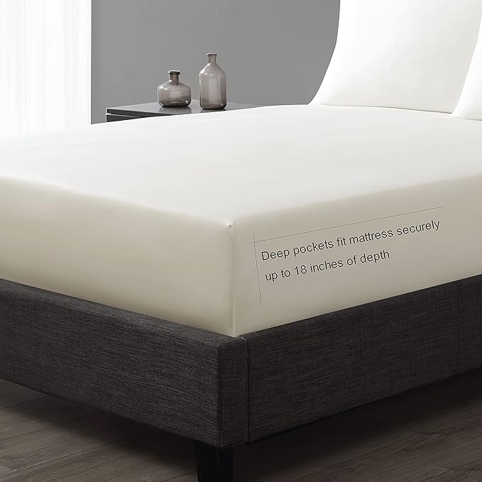 Vera Wang - Queen Sheet Set, Luxury Sateen Cotton Bedding, 800 Thread Count, Soft & Smooth Bedding Set (Ivory, Queen)
