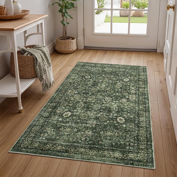 Morebes Vintage Throw Rugs, 3x5 Washable Rug Non Slip, Soft Area Rug for Bedroom,Distressed Non-Shedding Floral Rug for Entryway Bathroom Kitchen Foyer Bedside Playroom,Dark Green
