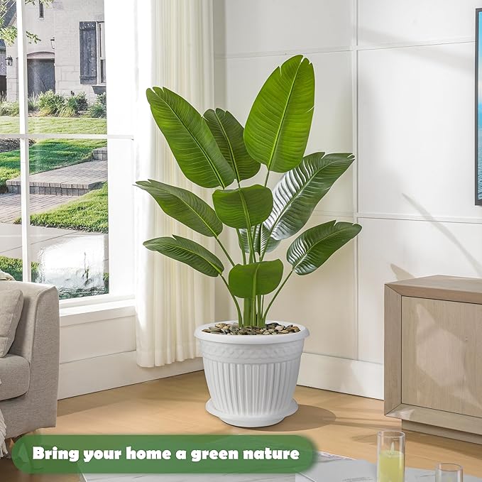 Artificial Bird of Paradise Plant 5FT Fake Palm Tree Feaux Plants in White Pot Artificial Tree Fake Plant for Indoor Outdoor Modern Decoration for Home Living Room Office