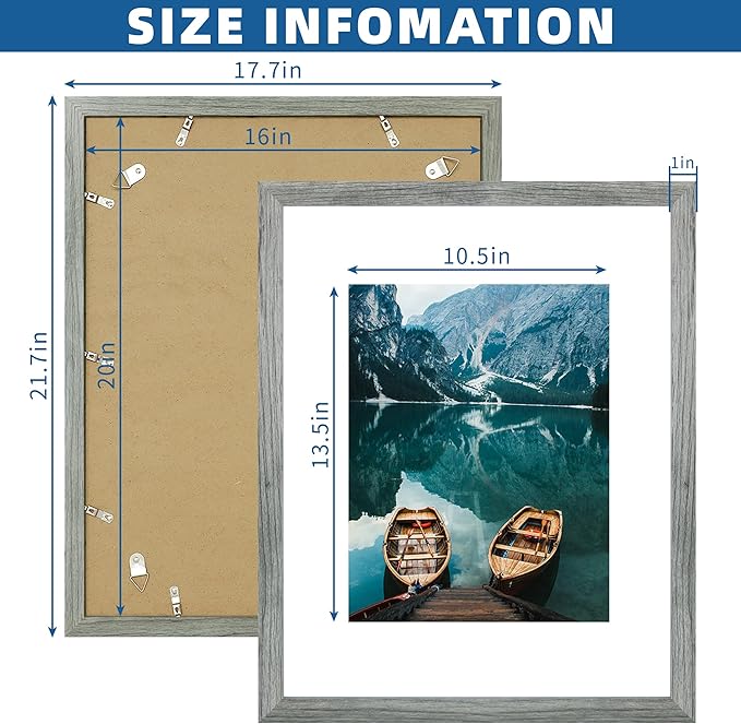 16x20 Frames Set of 2, Rustic Grey Wood Style - Display 16 x 20 Picture without Mat or 11x14 Picture with Mat, Wall Mounting Horizontal and Vertical