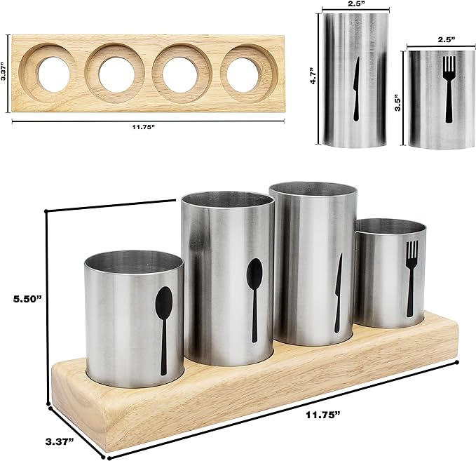 Sorbus Utensil Holder,Upright Silverware Holder with Caddy for Spoons, Knives and Forks, Entertaining,Stainless Steel Cutlery Organizer with Bamboo Wood Base