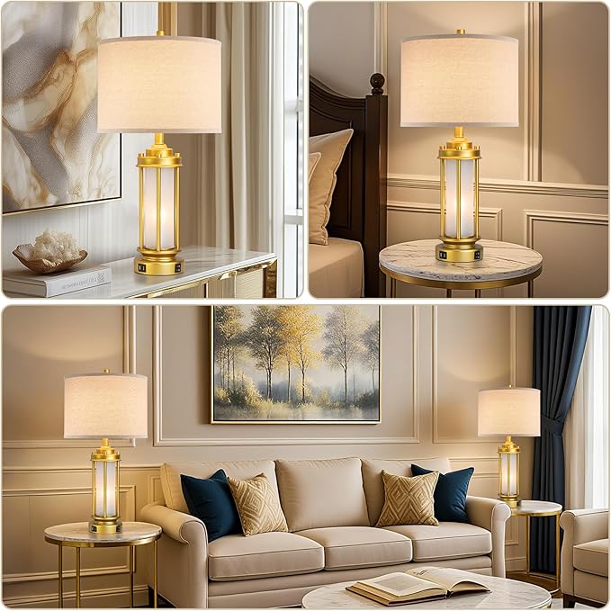 Modern Bedroom Table Lamps Set of 2, Farmhouse Vintage Bedside Lamp with 2 USB Ports, Gold Nightstand Desk Lamps with Glass Nightlight for Living Room Entryway Dresser, 4 Bulbs Included