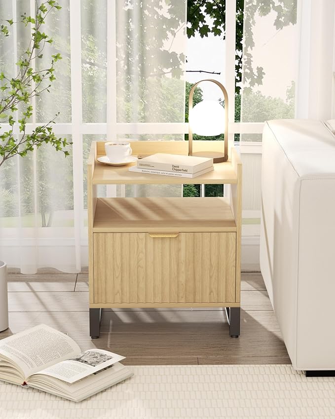 Fluted Night Stand Set 2 with Charging Station, Wood Nightstand with Large Drawer and Open Storage Cabinet, Mid-Century Modern Bedside Table End Table for Bedroom Closet Office