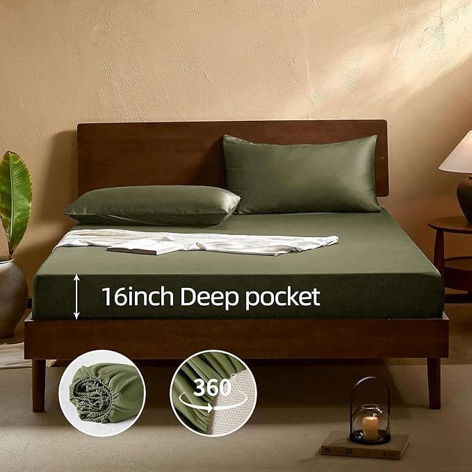 EVERLY Full Sheets Set,Luxuriously 400 Thread Count Organic Viscose Derived from Bamboo Bed Sheet,Cooling Sheets for Full Size 4 Piece Deep Pockets Bedding Sheets &Pillowcases-Olive Green