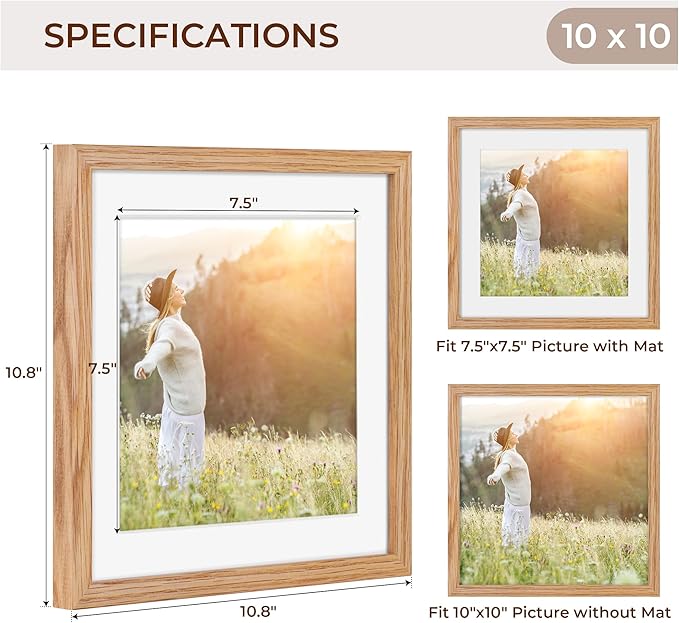 10x10 Picture Frame Set of 2, Solid Oak Wood Frame 10 x 10, 10 by 10 Wood Frames for Wall, 10x10 Picture Frame with Mat for 8x8, Square 10"x10" Photo Frames Real Glass, Natural Oak Color, 2 Pack