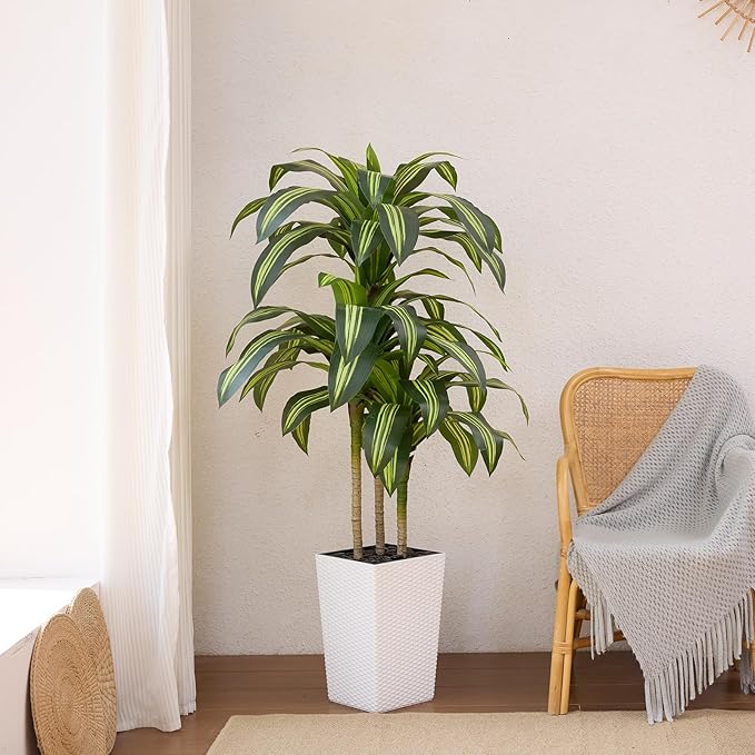 Artificial Dracaena Tree 5ft – UV Resistant Tall Fake Plant with Large Taper Planter & Pebbles– Large Potted Faux Tree for Indoor & Outdoor, Living Room, Office, Porch, Home Decor, VN127