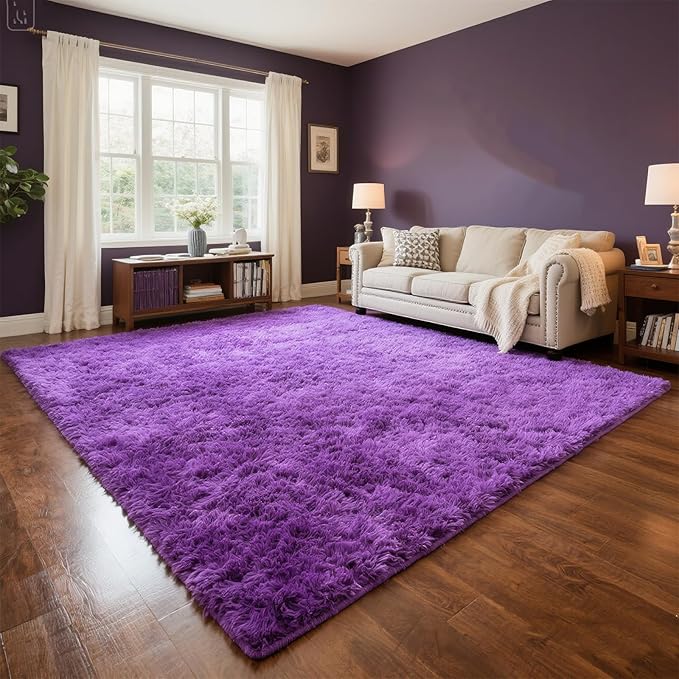 Purple Area Rugs for Girls Bedroom Living Room, 9x12 Fluffy Fuzzy Shaggy Carpet for Kids Playroom Nursery, Thick Soft Plush Mat for Kids Baby Boys Teen Dorm Home Decor Aesthetic