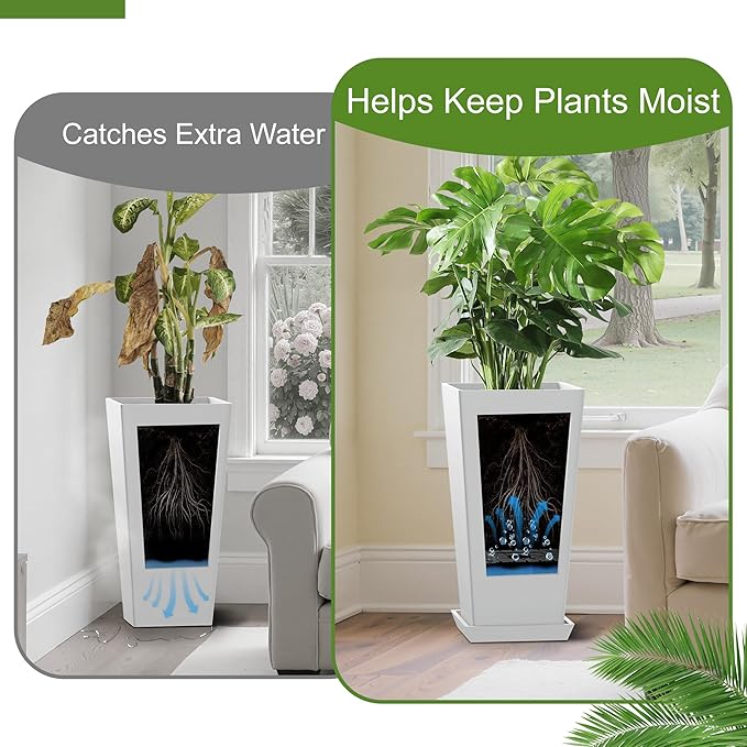 24-Inch Tall Planters Set of 2 for Outdoor and Indoor Use, Tapered Flower Pots with Drainage Tray, Front Porch and Patio Decor, Ideal for Large Plants – White