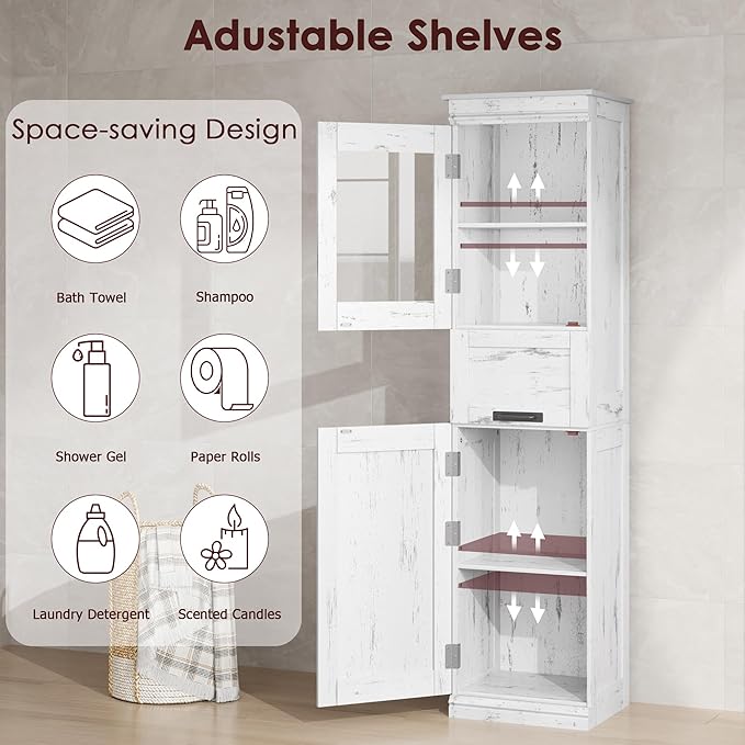 GarveeHome 70" Tall Bathroom Cabinet, Narrow Storage Cabinet with Doors and Adjustable Shelf, Freestanding Linen Slim Cabinet for Laundry Room, Kitchen, Small Space, Antique White