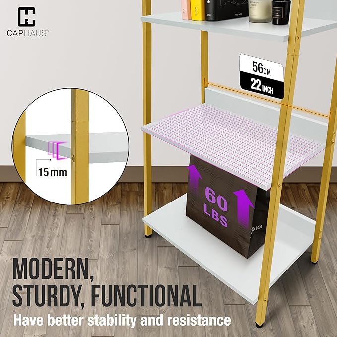 CAPHAUS 5 Tier Ladder Bookshelf, 24 Inch Width Free Standing Shelf, Bookcase Shelf Storage Rack Organizer, Industrial Book Shelves for Home Office, Living Room, Kitchen, White Shelves & Gold Frame