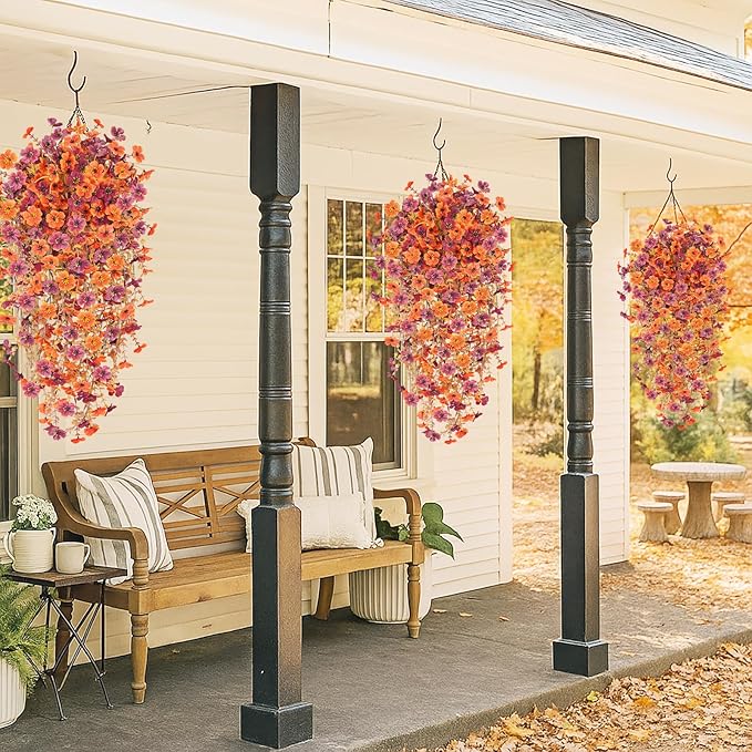 4PCS Fall Artificial Hanging Flowers Plants for Outdoors, 4Pcs Faux Silk Flowers with Eucalyptus Leaves, Fake Fall Flowers for Autumn Home Patio Porch Outside Decor (Orange Red)