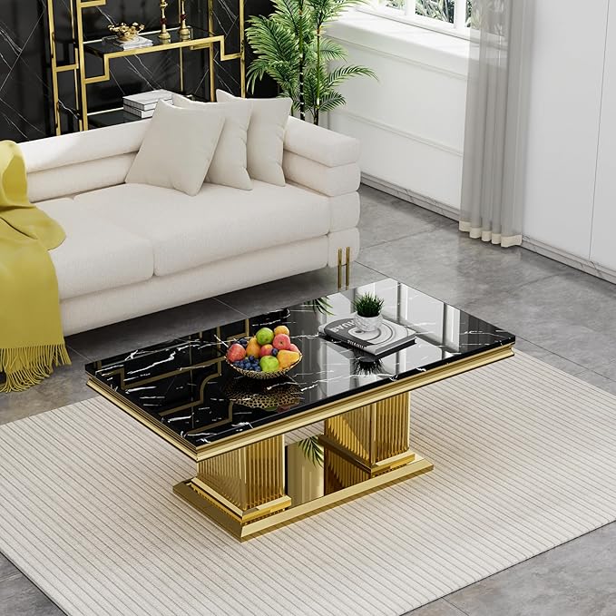 SSLine Rectangular Faux Marble Coffee Table for Living Room Modern Luxury Black Marble Center Table with Gold Pedestal Base 46.8" Mid-Century Cocktail Table with Mirrored Stainless Steel Frame