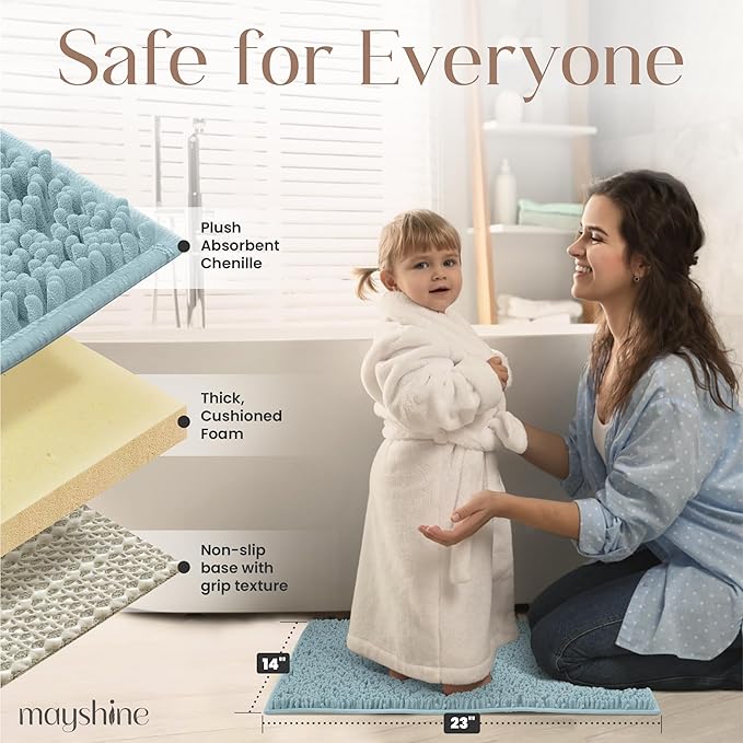 MAYSHINE Plush Shaggy Chenille Bath Mat | Extra Soft, Super Absorbent, Non-Slip Bathroom Rug | Fluffy Microfiber, Area Rug Sets for Bathroom Floor, Kitchen, Living Room | 23"x14" | Spa Blue