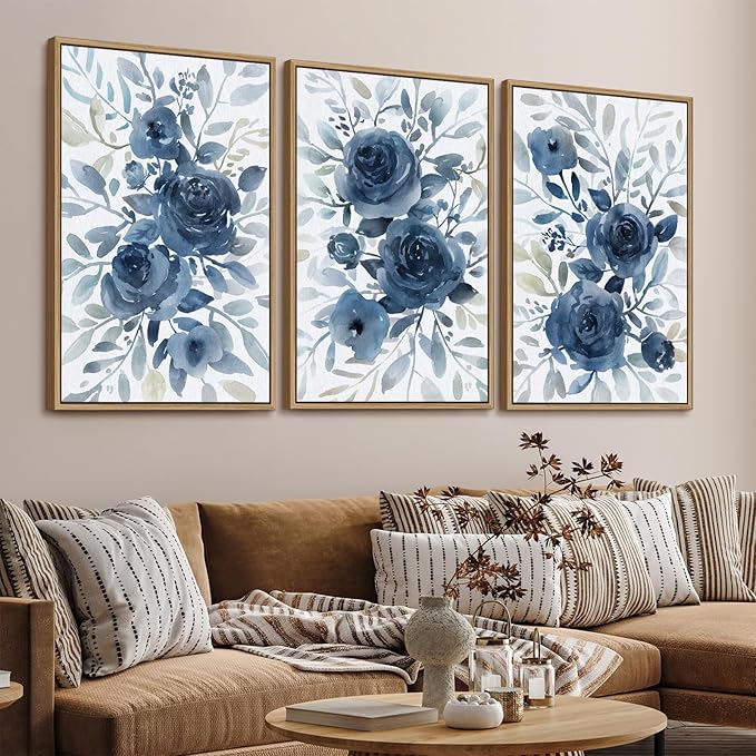 Large Retro Framed Wall Art - Natural Float Framed Blue Flowers White Canvas Pictures for Living Room Decor Indigo Floral Leaf Artwork for Bedroom Kitchen Home Office Decoration 72" X 36" Set of 3