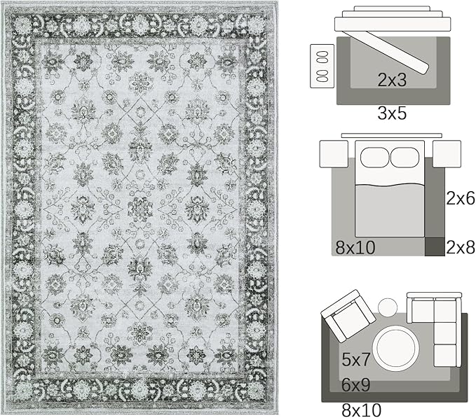 jinchan Area Rug 2x3 Washable Vintage Floral Rug Indoor Entryway Non-Slip Door Mats Soft Carpet for Living Room Bedroom Bathroom Home Office Grey