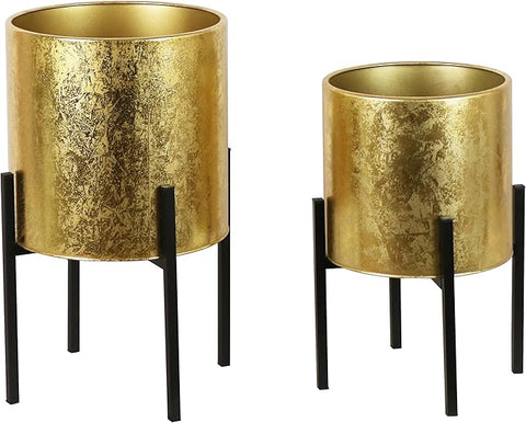 ARNIS Modern Plant Pots, Set of 2 Large Planters with Stand, Decorative Planters, Metal Pots with Drainage Holes for Living Room, Office, Garden or Balcony, 10.5 &12.55 Inch, Gold