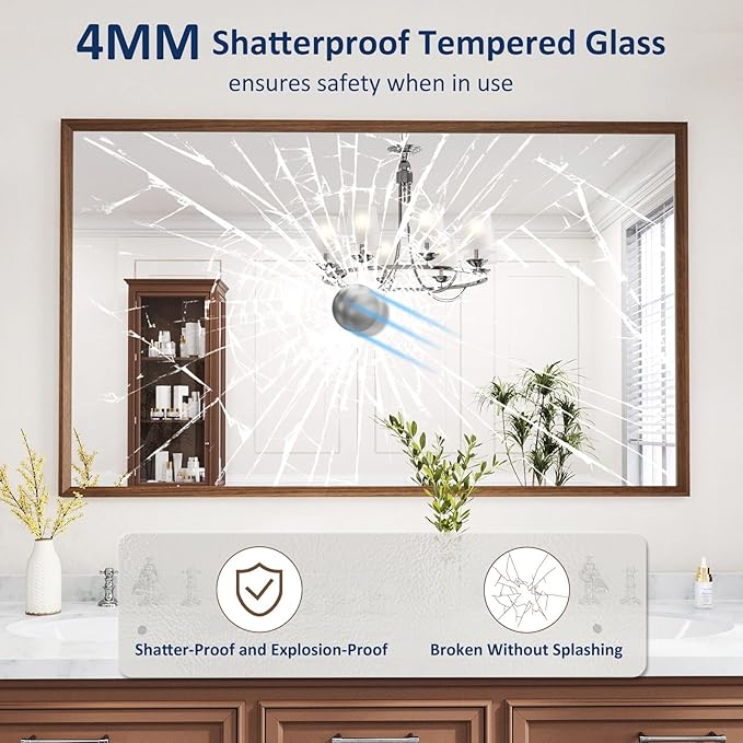 WEER 60X36 Inch Framed Bathroom Mirror, Walnut Rectangular Framed Mirror, Large Wall Mounted Vanity Mirror, Wood Grain Farmhouse Mirror, Tempered Glass, Anti-Rust, Horizontal or Vertical