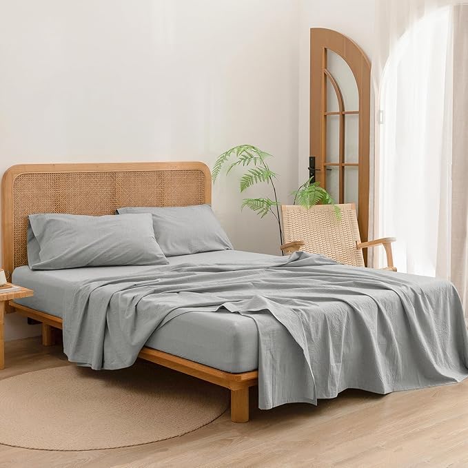 BESTOUCH Sheet Set 100% Washed Cotton Linen Feel Super Soft Comfortable Chic Lightweight 4 Pcs Home Bedding Set Solid Light Grey Full