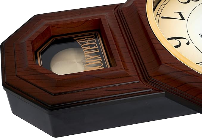 JUSTIME Traditional Schoolhouse Gradient Arabic Regulator Wall Clock, Chiming Wall Clocks with Pendulum & Westminster Chime Hourly, Schoolhouse Wall Decor Battery Operated (Dark Wood Grain)