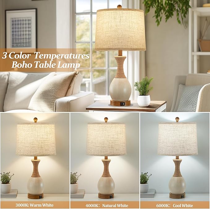 Table Lamp for Bedroom Set of 2 - Bedside Table Lamps with 3 Color Temperatures - Boho Rattan Lamps for Nightstand with USB A+C Charging Ports Farmhouse Living Room Lamp Bulb Included