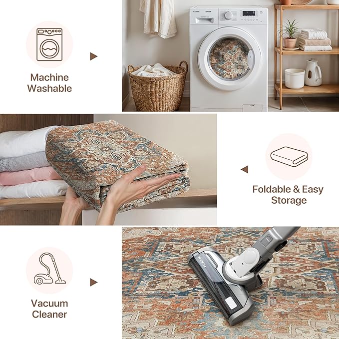 GENIMO 6X9 Area Rugs for Living Room, Machine Washable Vintage Floor Cover Foldable Modern Non Slip Rug, Low Pile Soft Indoor Carpet Floral Print Mat Rug,Bedroom/Dining Room/Home Office,Terracotta