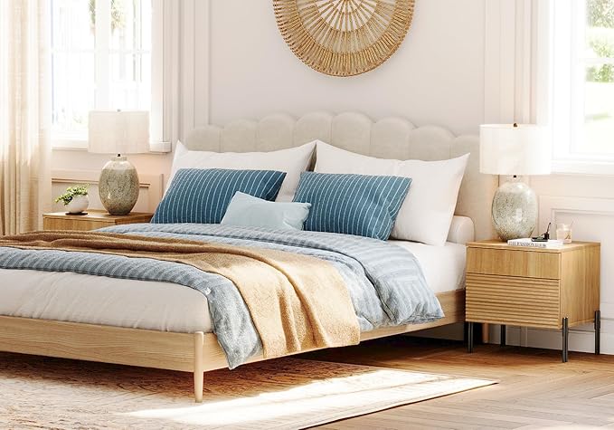 WAMPAT Fluted Nightstands Set of 2 with Charging Station,19.7" Tall Mid Century Modern Night Stands, Wood Side End Table with 2 Drawers, Wood Bedside Table with Metal Legs for Bedroom,Living Room, Oak