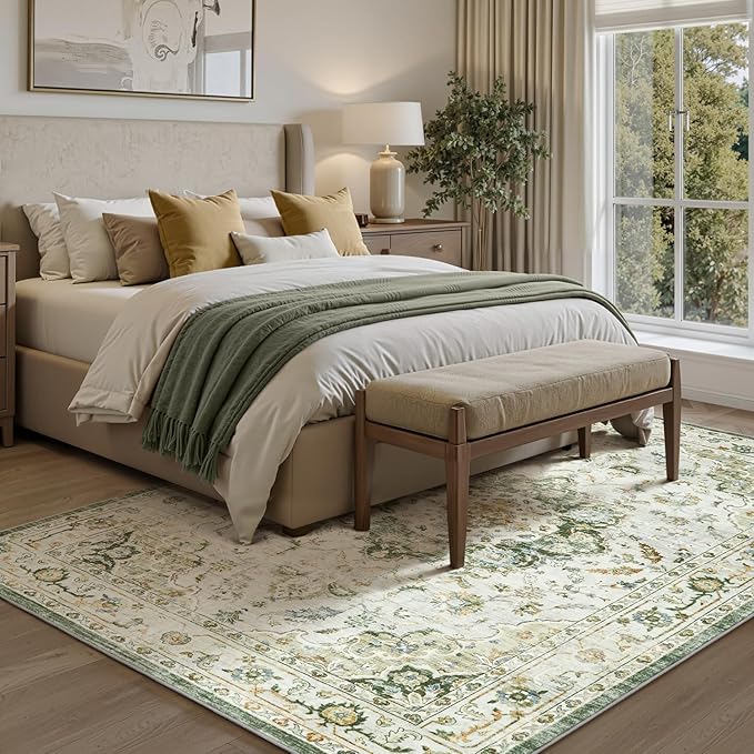 PADOOR-Vintage Area Rug 9X12 Rugs for Living Room-Soft Green Rugs for Bedroom-Machine Washable Rug Non Slip Carpet-Rug for Dining Room Living Room Bedside Office