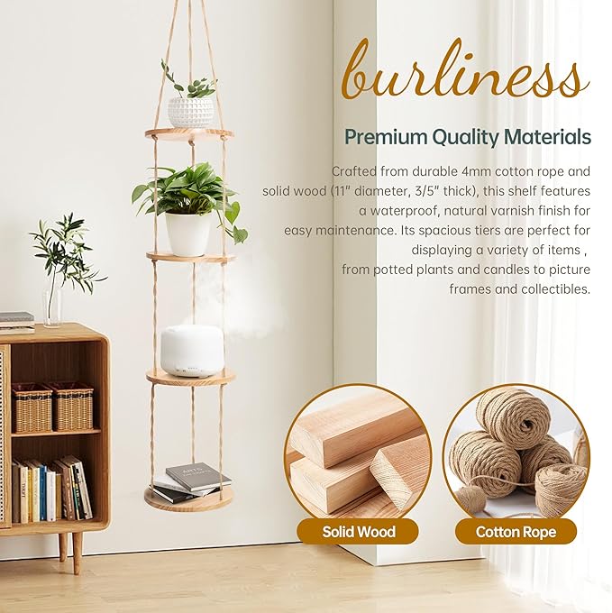 Hemp Rope Hanging Plant Shelf from Ceiling for Narrow Space or window Boho Hanging plant Shelves, Natural Pine Wooden Plant Stand Display for Indoor, Outdoor, Corner, Balcony, Living Room and Bedroom